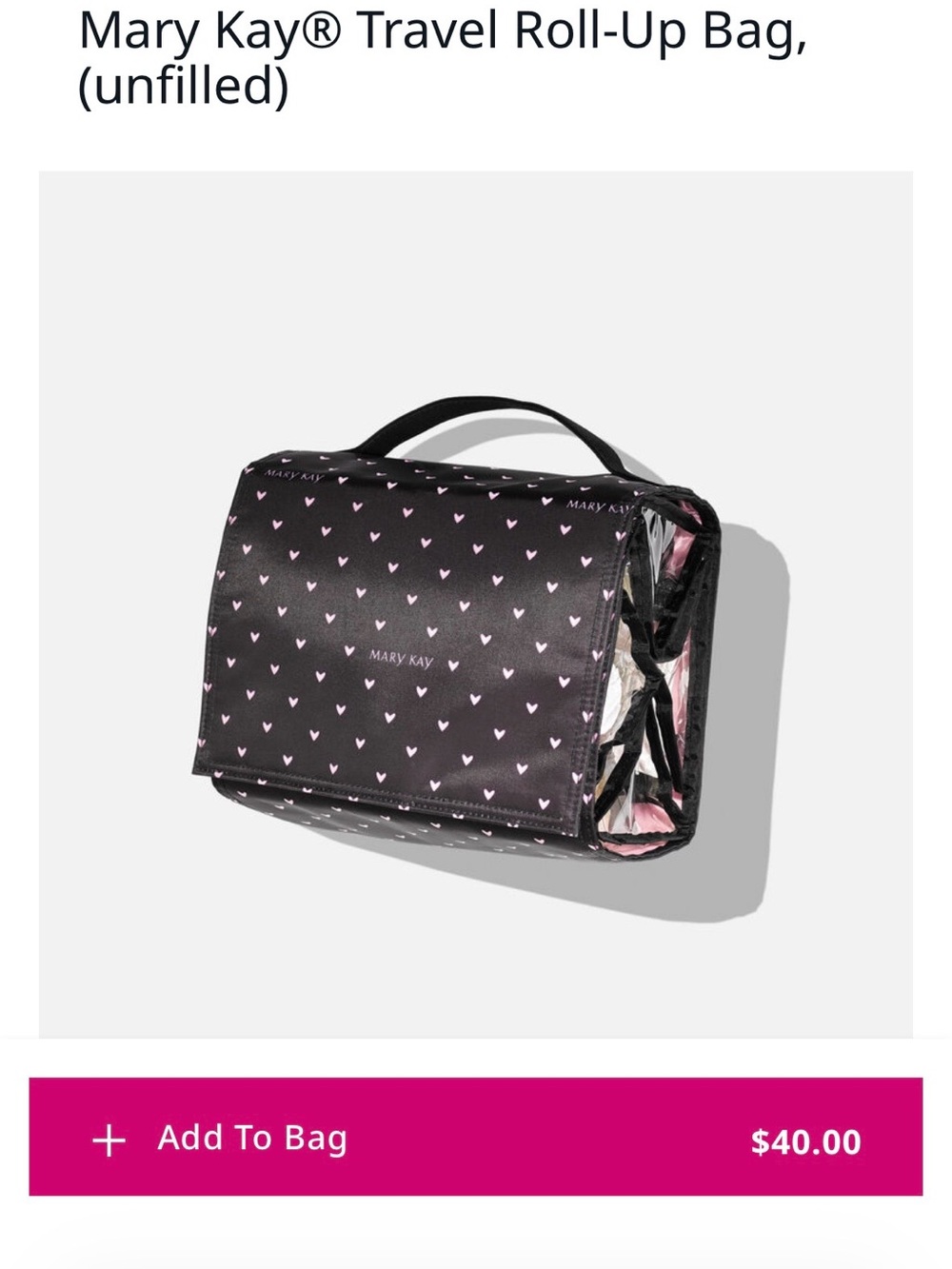 Mary Kay Black Travel Roll-Up Cosmetic Bag with Pink Heart Print